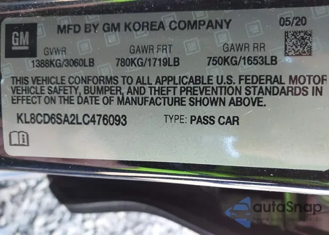 2020 Chevrolet Spark Fwd 1Lt Automatic z USA, uszkodzony, nr VIN KL8CD6SA2LC476093